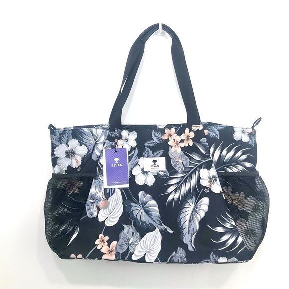 Esvan NEW Black Tropical Print Duffle Tote Beach Gym Bag - Picture 1 of 16